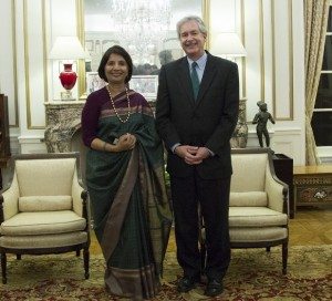 Indian Ambassador to the United States Nirupama Rao, with   US Deputy Secretary of State William Burns at a reception she hosted at her residence to mark India’s Republic Day on Thursday evening.