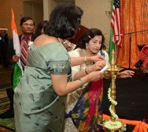Indian Ambassador to the United States Nirupama Rao lighting the ceremonial lamp at an event marking the Gadar centennial in Rockville, Maryland, on July 29. 