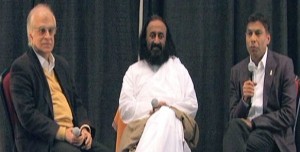 Rajiv Malhotra, Sri Sri Ravi Shankar and Naveen Jain answer questions from the audience at the "Big Ideas for a Better India” conference at University of Maryland on Sunday.