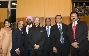 Ambassador S. Jaishankar (center) poses for picture with Indian  American leaders at a reception given in honor of the Indian envoy in  Potomac, MD, on Saturday.