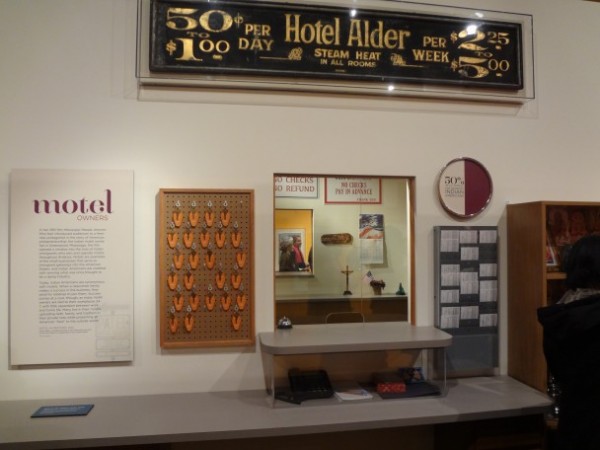 A portion of the Beyond Bollywood exhibition, highlighting the prevalence of Indian Americans in the US motel industry.