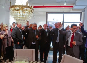 CEO Arun Agarwal (far right) and company toast the opening of Alok International's new Manhattan showroom
