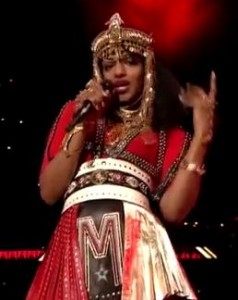 M.I.A. performing during the Super Bowl XLVI halftime show (courtesy of YouTube)