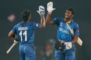 Kumar Sangakkara and Thisara Perera of Sri Lanka celebrate as Sri Lanka win the final of the ICC World Twenty20 Bangladesh 2014. (Photo courtesy of www.icc-cricket.com)