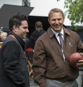 Rajiv Joseph (left) and Kevin Costner on the set of 'Draft Day' (photo by Dale Robinette, courtesy of Summit Entertainment)