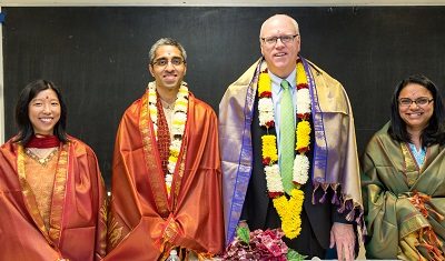 Congressman Joseph Crowley of New York (second from right), Dr. Alice Chen (left), Dr. Vivek Murthy (second left) and Mini Timmaraju at the Sri Siva Vishnu Temple in Lanham, MD, on May 3, 2014. Photo by Geeta Goindi.