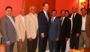 GOPIO-CT officials with India’s Consul General Dyaneshwar Mulay and Congressman Jim Himes at the Stamford meeting, From left to right.: Shelly Nichani, Viresh Sharma, Ashok Vasudevan, Congressman Jim Himes, Ambassador Dnyaneshwar Mulay, Dr. Thomas Abraham, Anita Bhat and Dr. Anil Diwan.