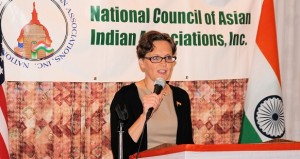 Lisa Curtis delivering keynote address at NCAIA's Indian Independence Day banquet on August 16, 2014. Photo credit: Sirmukh Singh Manku 