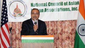 NK Mishra speaking at NCAIA's Indian Independence Day banquet on August 16, 2014. Photo credit: Sirmukh Singh Manku 