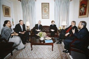 In this undated photo taken by Rajan Devadas, then-Indian Ambassador to the United States Ronen Sen with President George W. Bush and former presidents Bill Clinton and George HW Bush. Also seen are First Lady Laura Bush and Kalpana Sen. 