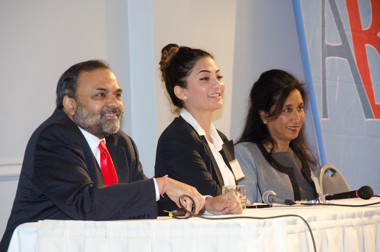 Moderator Satyam Priyadarshy, Chief Data Scientist at Halliburton (left), Nadia Ayoubi (center), President of Hummingbirds Consulting, and Smita Siddhanti, president of EnDyna, during the panel "Women in business: challenges and opportunities" at the American Bazaar Entrepreneurship Summit on April 25, 2015.