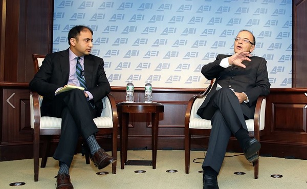 Finance Minister Arun Jaitley speaking at the American Enterprise Institute in Washington, DC, on June 19. On his left is AEI Resident Fellow Sadanand Dhume. Photo credit: Embassy of India