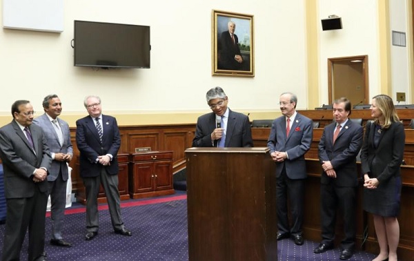 Indian Ambassador to the United States Arun K. Singh speaks at reception hosted on Capitol Hill June 10. Also seen are Representatives Ami Bera (second from left), George Holding (third from left), Eliot Engel (third from right), and Ed Royce (second from right). Photo credit: Embassy of India in Washington, DC