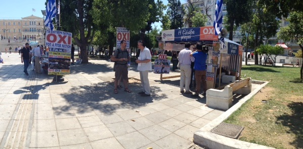 Greek referendum signs in front of the parliament building in Athens.