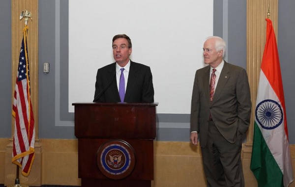 Sen. Mark Warner speaking at a reception he and and Sen. John Cornyn (right) hosted in honor of Indian Ambassador Arun Kumar Singh on July 23, 2015. Photo credit: The Embassy of India in Washington, DC.