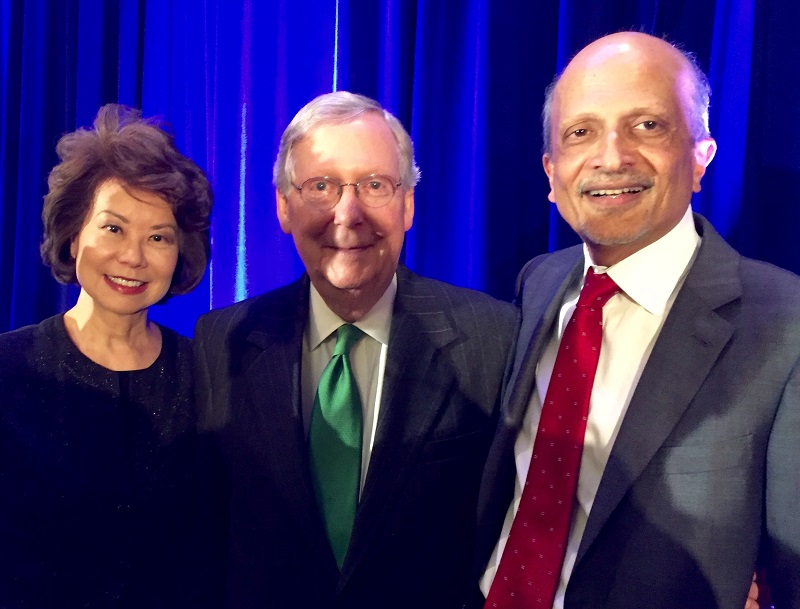 MR Rangaswami (right) with Elaine Chao and Mitch McConnell at the Asians in America Award Dinner in Washington, DC, on March 17, 2016.