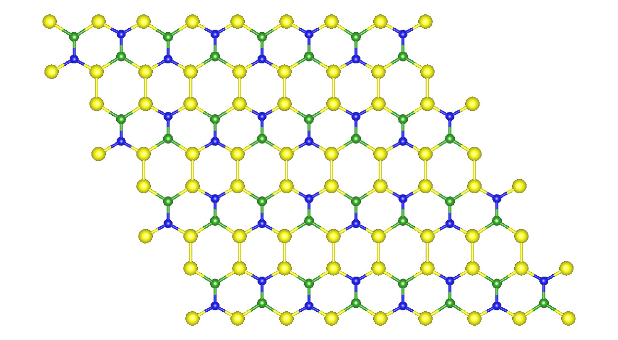 The atoms in the new structure are arranged in a hexagonal pattern as in graphene, but that is where the similarity ends. The three elements forming the new material all have different sizes; the bonds connecting the atoms are also different. As a result, the sides of the hexagons formed by these atoms are unequal, unlike in graphene.