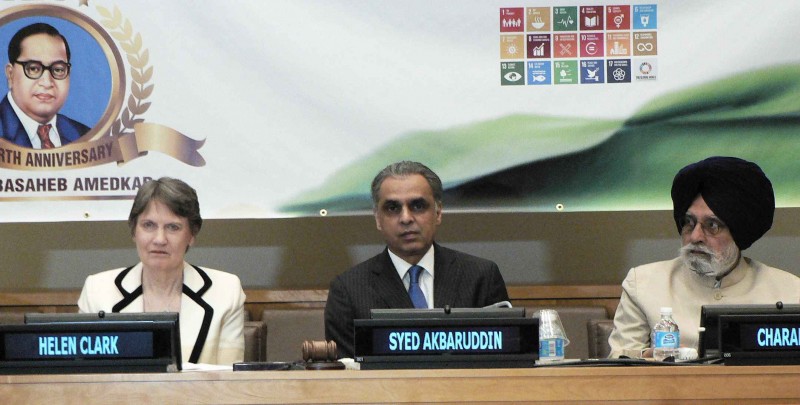 Helen Clark, the head of the UN Development Programme and former New Zealand Prime Minister, was the keynote speaker at the 125th birth anniversary celebrations of B. R. Ambedkar at the United Nations in New York on Wednesday, April 13, 2016. Seen with her are Syed Akbaruddin, India's Permanent Representative to the UN, and Charanjit Singh Atwal, the speaker of Punjab Legislative Assembly.