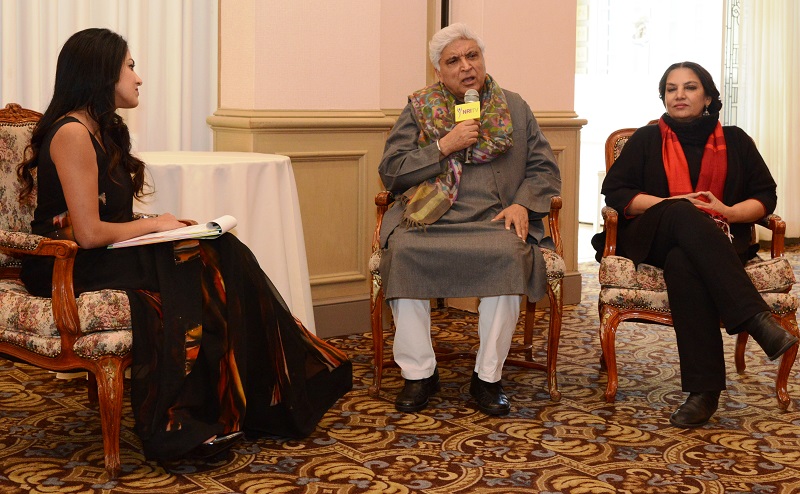 Javed Akhtar speaking at the AIF event in Philadelphia on April 3. Also seen are Nafessa Kasim (left) Shabana Azmi.