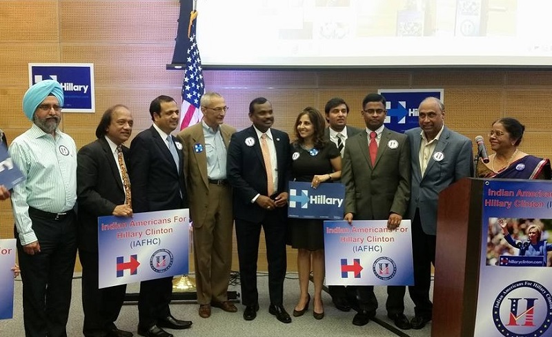 Founders of the newly launched Indian Americans for Hillary Clinton, with Clinton campaign chairman John Podesta (fourth from left), CAP President Neera Tanden (fifth from left) and Clinton National Finance Committee member Frank Islam (second from left).