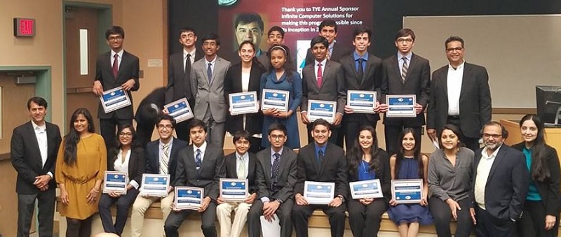 Students who attended TiE DC's boot camp with TiE DC President Dr. Satyam Priyadarshy (second from left, front row) and Dr. Mahesh Joshy (left, second row), who conducted the camp.