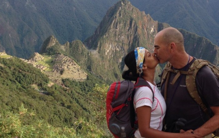 ona Patel with her boyfriend, George Jahant, while climbing Machu Picchu.