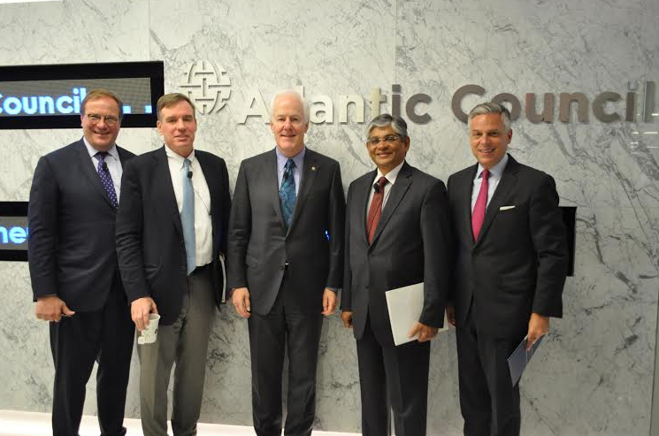Indian Ambassador to the United States Arun K. Singh (second from right), with Atlantic Council President and CEO Frederick Kempe (left), Sen. Mark Warner (second from left), Sen. John Cornyn (center) and Atlantic Council Chairman Jon M. Huntsman, Jr., at an event on April 25, 2016.