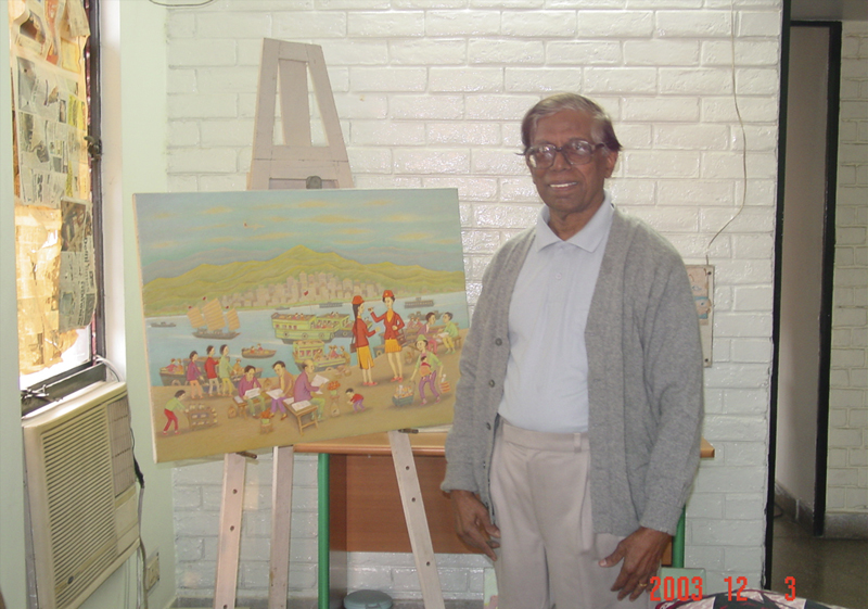 Cartoonist Samuel with his watercolors at his studio. New Delhi. 2003.