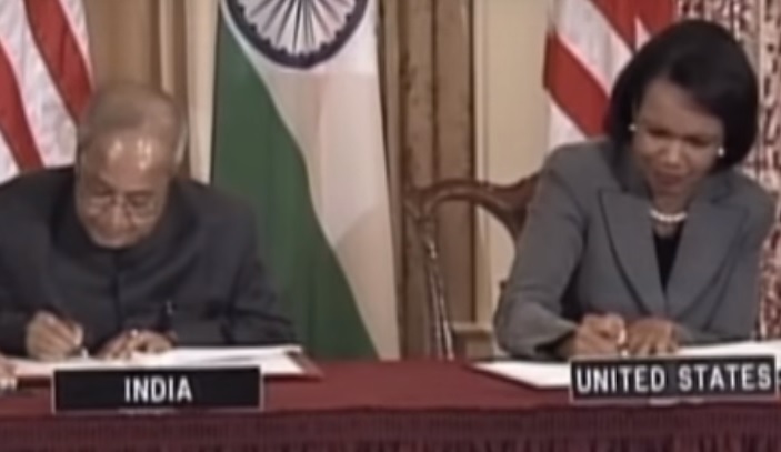 Pranab Mukherjee and Condoleezza Rice sign the 123 agreement on October 8, 2008.