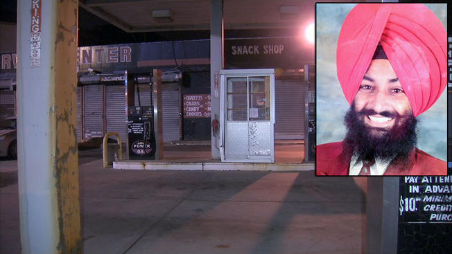 The Newark gas station where Davinder Singh, inset right, was shot to death Monday afternoon.