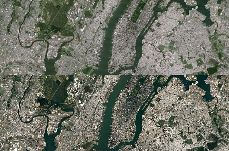Satellite imagery of New York City before the update, and after. (Old on top)