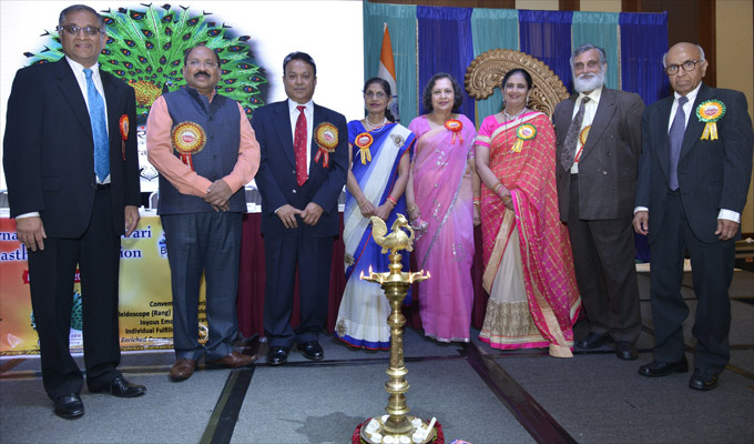From left to right: Parag Bajaj, President, MMNA, Vinod K. Agrawal, Chief Secretary, Govt. of Telangana, Govind Chandak, prominent businessman, Pushplata Heda, President, New England Chapter, Dr. Mona Khaitan, Convener, IMRC , Sushma Pallod, Chair, BOT Dr. Kamal Taori, retired IAS officer , Prabhulal Rathi, Advisor, IMRC 2016.