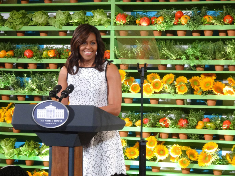 First Lady Michelle Obama addressing the 56 winners of the Healthy Lunchtime Challenge at the 2016 Kids' State Dinner held in the East Room of the White House