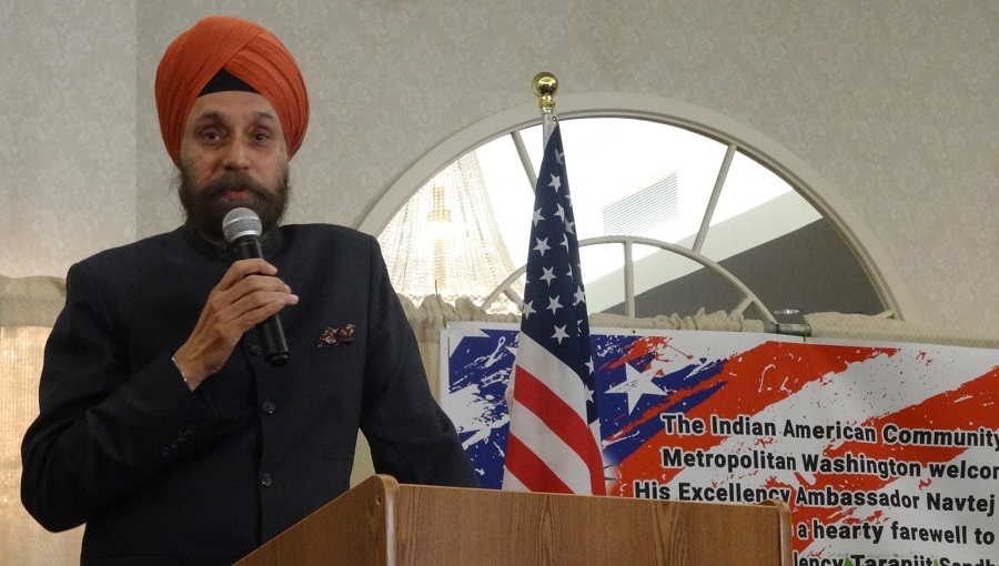Ambassador Navtej Sarna addressing a reception in Fairfax, VA, where he addressed a new consular initiative. Photo by Geeta Goindi