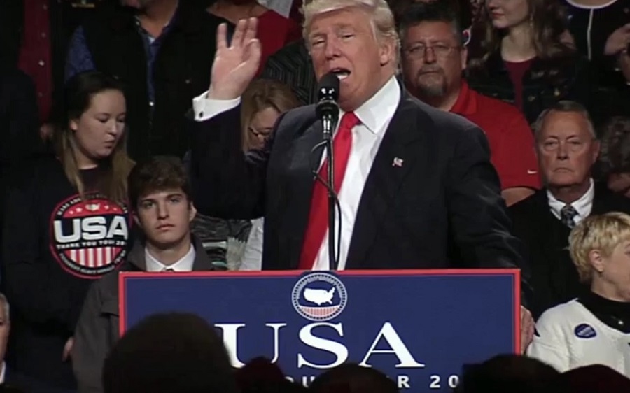 Trump addressing a thank-you rally in Des Moines, Iowa, on December 9, 2016. Image via YouTube