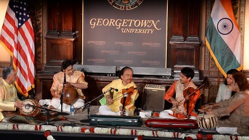 L. Subramaniam and Ambi Subramaniam performing at Georgetown University on Monday.