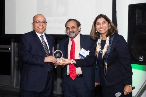Rezon8 Capital & Advisory Group CEO K. Paul Singh receives the TiE DC 2017 Legends Award from the organization’s outgoing president Dr. Satyam Priyadarshy (center) and incoming president Sheela Murthy.