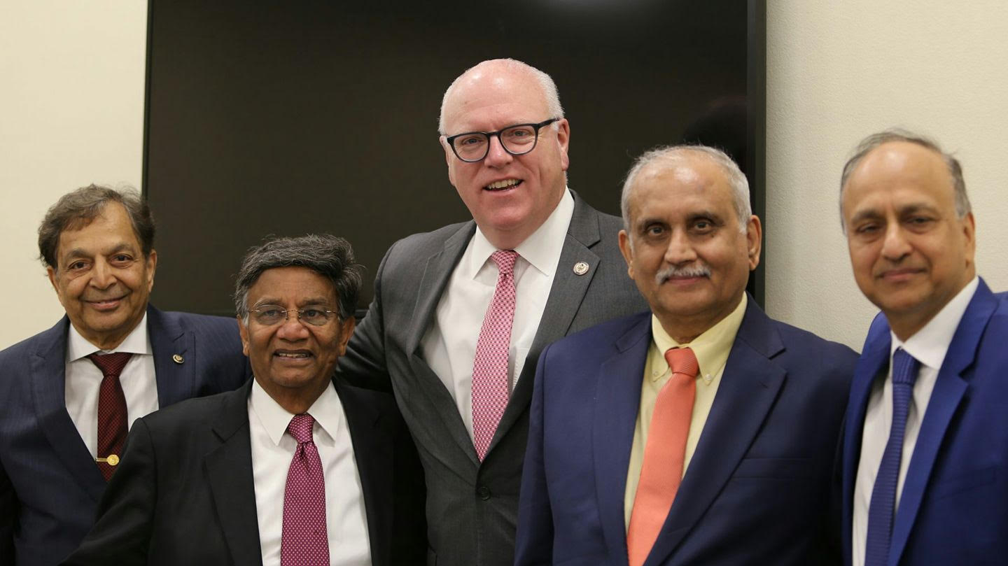 Democratic Congressman Joe Crowley of New York with leaders of the American Association of Physicians of Indian Origin (AAPI) at the organization's 2018 Legislative Day on Capitol Hill. From left to right: Dr. Sampat Shivangi; Dr. Vinod Shah; Congressman Crowley; Dr. Naresh Parikh; and Dr. Sudhir Sekhsaria