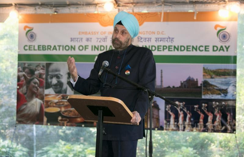 Ambassador Navtej Sarna addressing the gathering on the occasion of celebration of India's 72nd Independence Day at the Embassy Residence in Washington, DC, on August 15, 2018. 