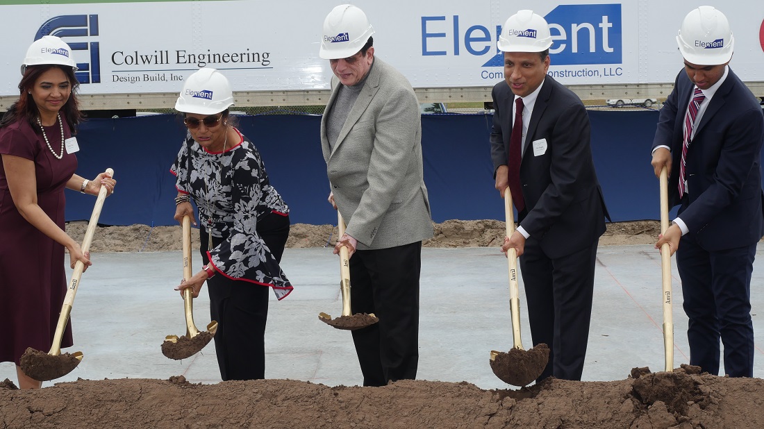 Dr. Kiran Patel (center) and Dr. Pallavi Patel at the groundbreaking ceremony of the $20 million Kiran C. Patel High School in Temple Terrace, FL, on December 13, 2018. Also seen are Ash Bagdy (second from right) and Kavita Jain (left). 