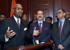 New York Democrat Rep. Gregory Meeks (left) speaking at a Capitol Hill reception for Indian Ambassador to the United States Harsh Vardhan Shringla (center) on February 7. On the right is Consul General of India in New York Sandeep Chakravorty.