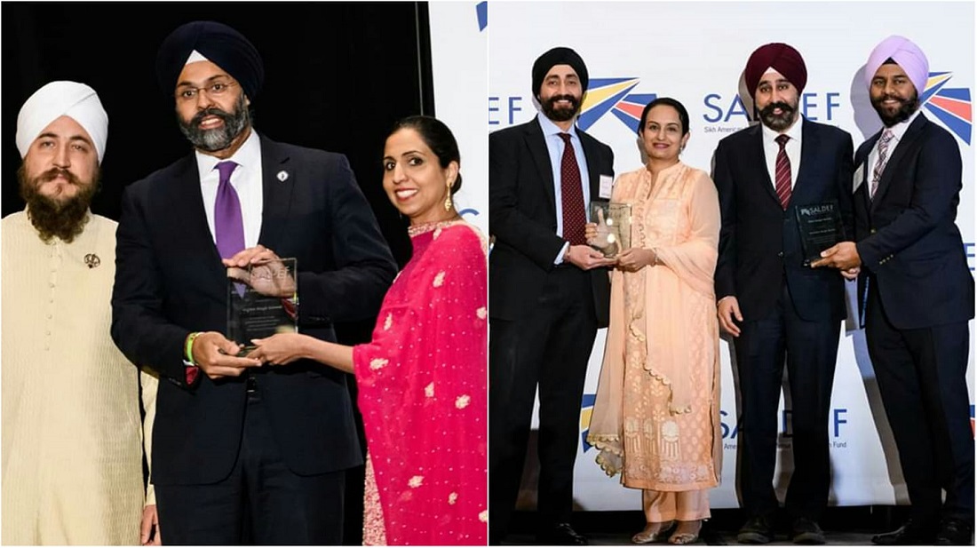 New Jersey Attorney General Gurbir Grewal (left-center) and Hoboken Mayor Ravi Bhalla and his activist wife Navneet Bindya Bhalla (right-center) were conferred with the top awards at the 2019 gala hosted by the Sikh American Legal Defense and Education Fund (SALDEF) in the Washington area 