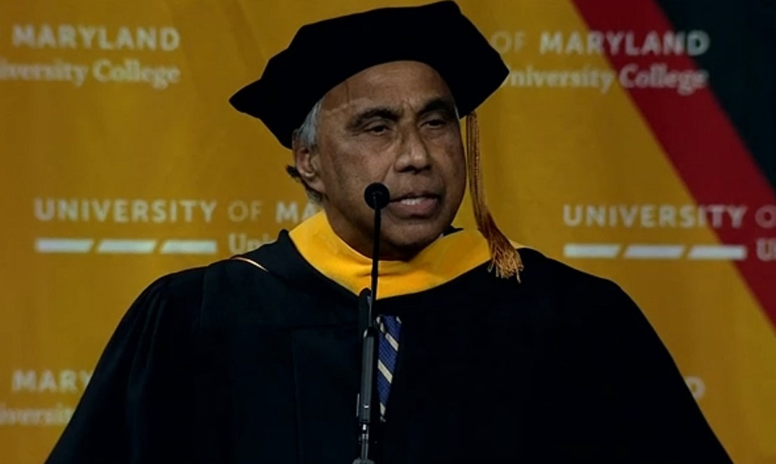 Indian American philanthropist Frank Islam delivering UMUC commencement address in College Park, MD, on May 19, 2019.