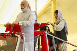 Prime Minister Narendra Modi while visiting Jammu and Kashmir in April 2017. Also seen is the-then Chief Minister Mehbooba Mufti. Last week, Modi’s government revoked special privileges enjoyed by Jammu and Kashmir. Photo credit: PIB