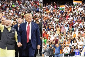 At left: President Donald Trump and Prime Minister Narendra Modi greet the massive crowd at an Indian-American community rally in Houston, Texas, on Sunday, September 22, 2019. At right: a cross-section of the 50,000-plus audience that attended the 'Howdy Modi' event to honor the Indian leader and recognize the stellar contributions of the diaspora