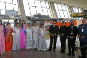 For the first time, Diwali was celebrated at the Washington Dulles International Airport. Seen from left to right are: Shweta Misra, founder and director of Nrityaki Dance Academy, with her students; Air India flight crew; and personnel of the Metropolitan Washington Airports Authority.