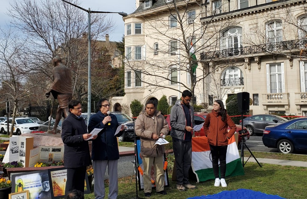 Participants read passages from the Indian constitution at the Satyagraha held in Washington, DC, on February.