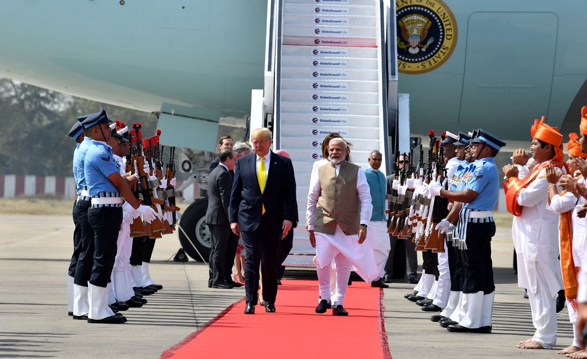 Indian Prime Minister Narendra Modi receiving President Donald Trump on his arrival at the Sardar Vallabhbhai Patel International Airport in Ahmedabad on February 24, 2020. Photo credit: PIB