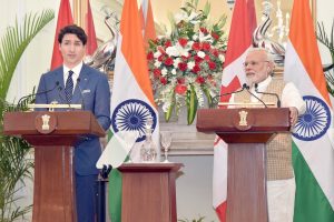 Canadian Prime Minister Justin Trudeau (left) and Indian Prime Minister Narendra Modi during a media interaction in New Delhi on February 23, 2018.