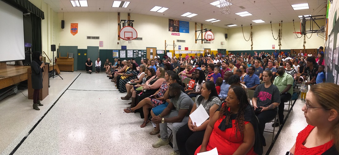 Prince George's County Board of Education member Raaheela Ahmed addressing parents and teachers at the Whitehall Elementary in Bowie, MD, recently.